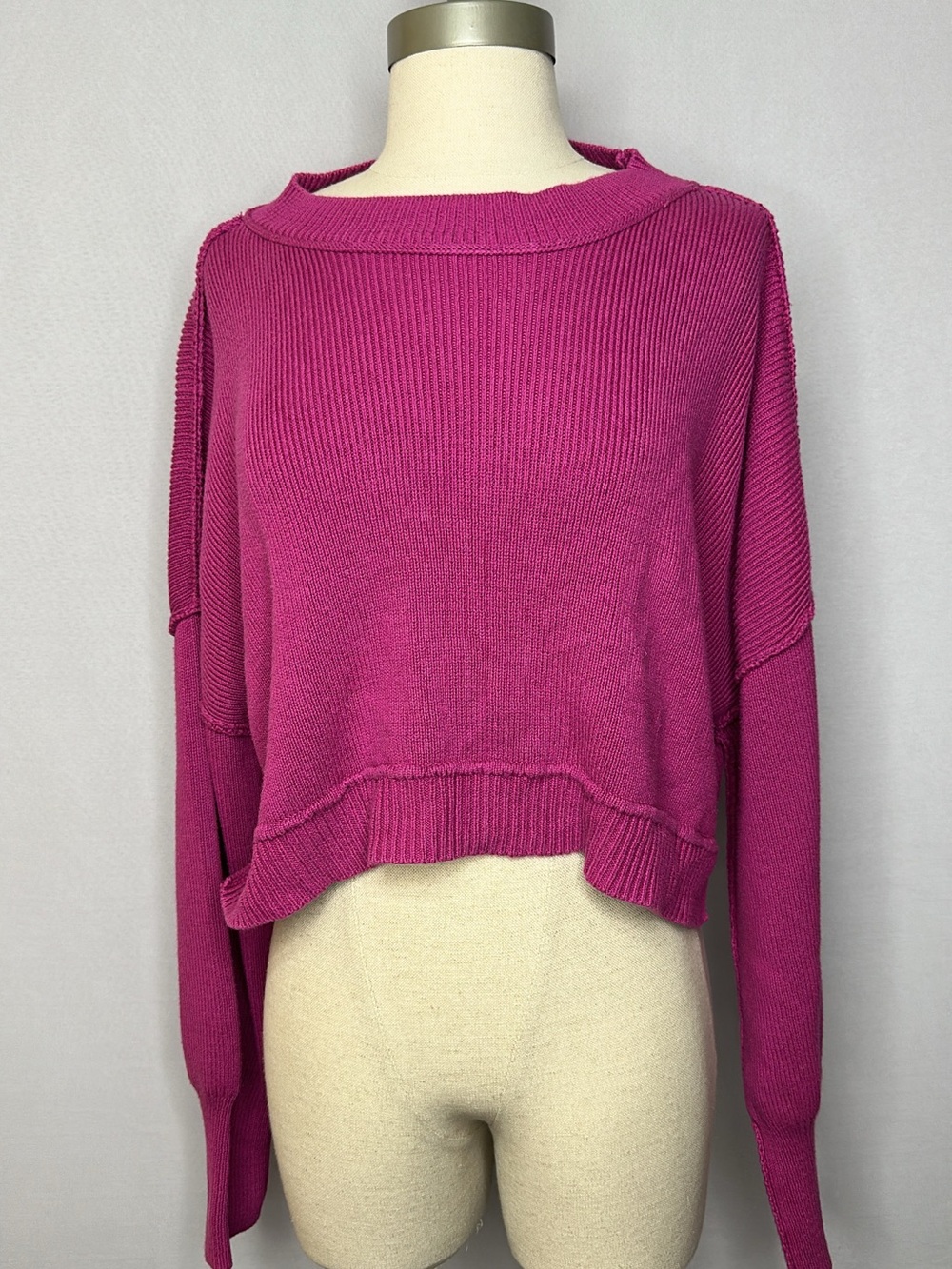 Pink Rose Cropped Scoopneck Sweater in Bright Magenta